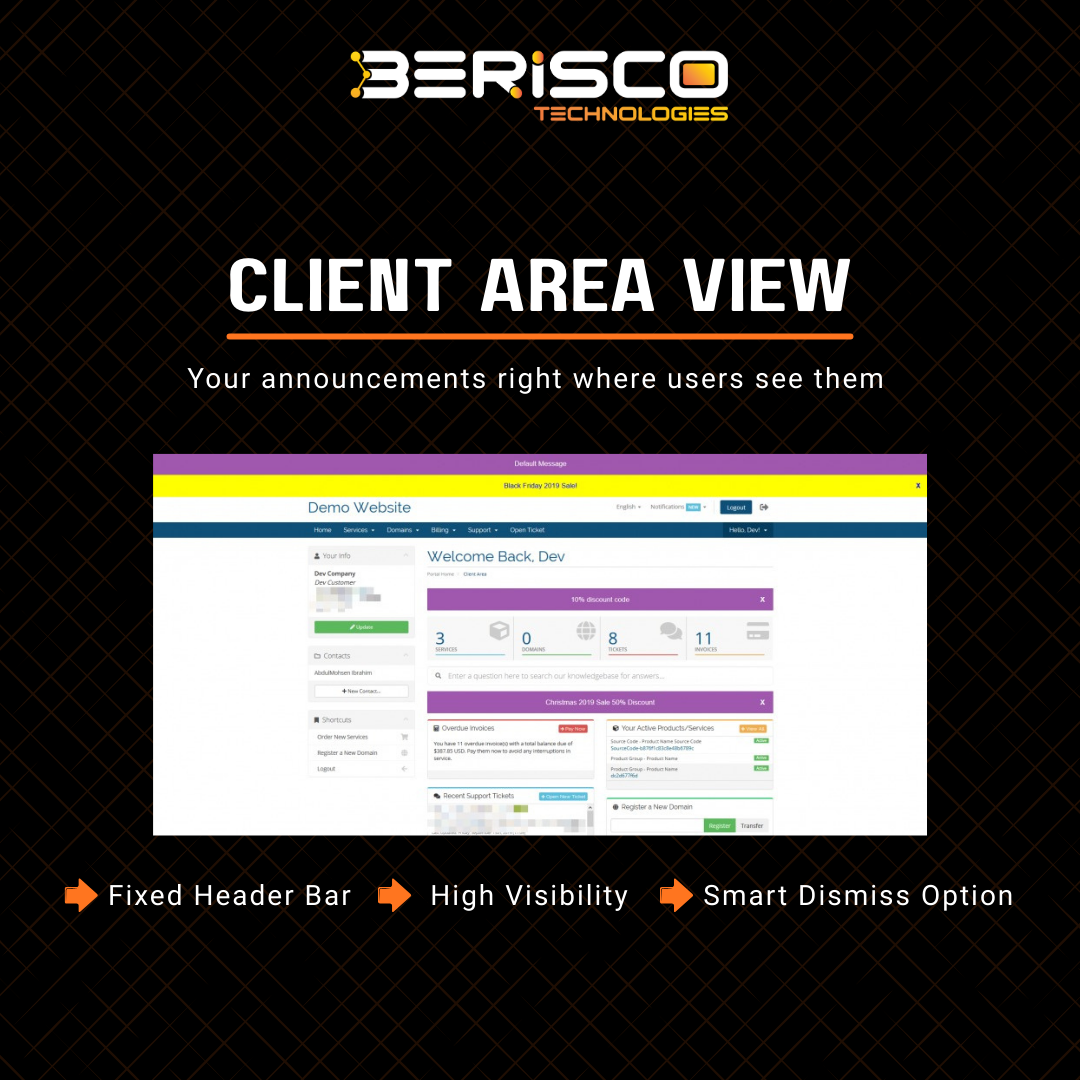 Desmarter Top AnnounceBar - Client area view showing fixed header notification bar with high visibility and smart dismiss